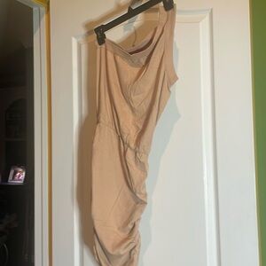 Philanthropy  one shoulder cotton dress in a tan color rouch sides.